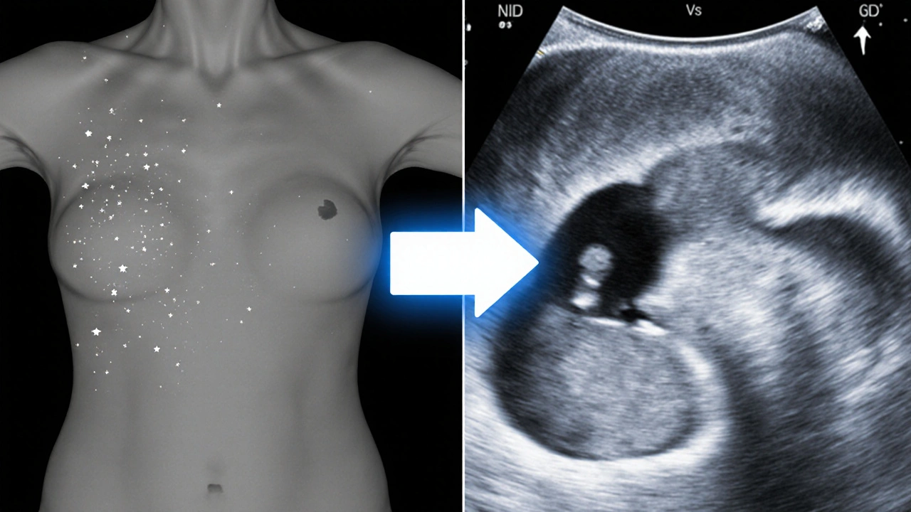 Porovnání mamogramu a ultrazvuku s ukázkou mikrokalcifikací a cysty.