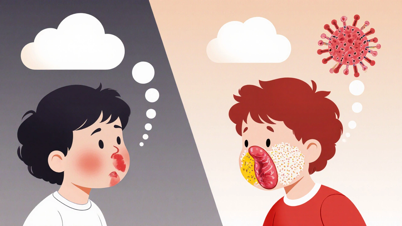 Porovnání virové a bakteriální infekce krku: mírné zčervenání vs. výrazné bílé skvrny a zvětšené uzliny.