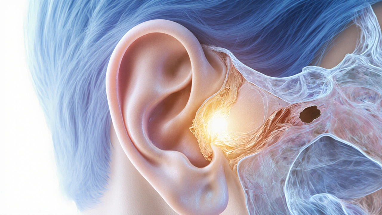 Příčný řez uchem s viditelnou perforací bubínku a procesem hojení.