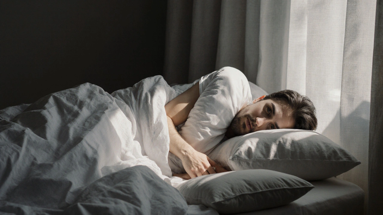 Probouzející se člověk s bolestí v krku kvůli příliš vysokému polštáři.