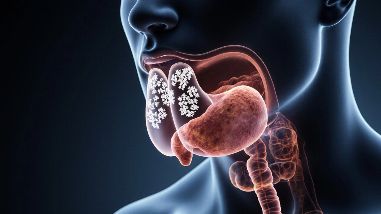 Průhledný pohled na krk s viditelnými bakteriemi, zvětšenými uzlinami a refluxem kyseliny jako skrytými hrozbami.