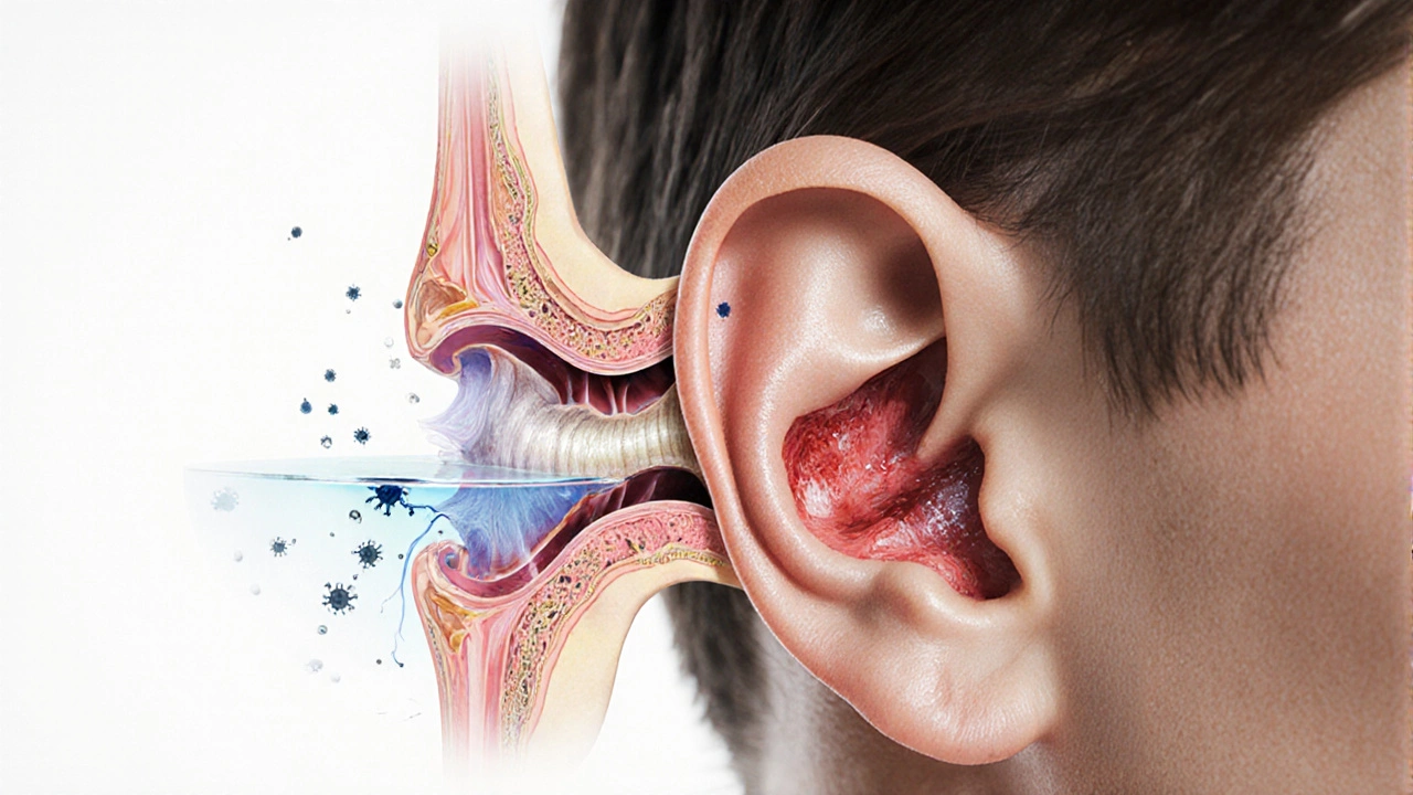 Průřez ucha s inflamací a tekutinou za ušním bubínkem spojenou s nosohltanem.