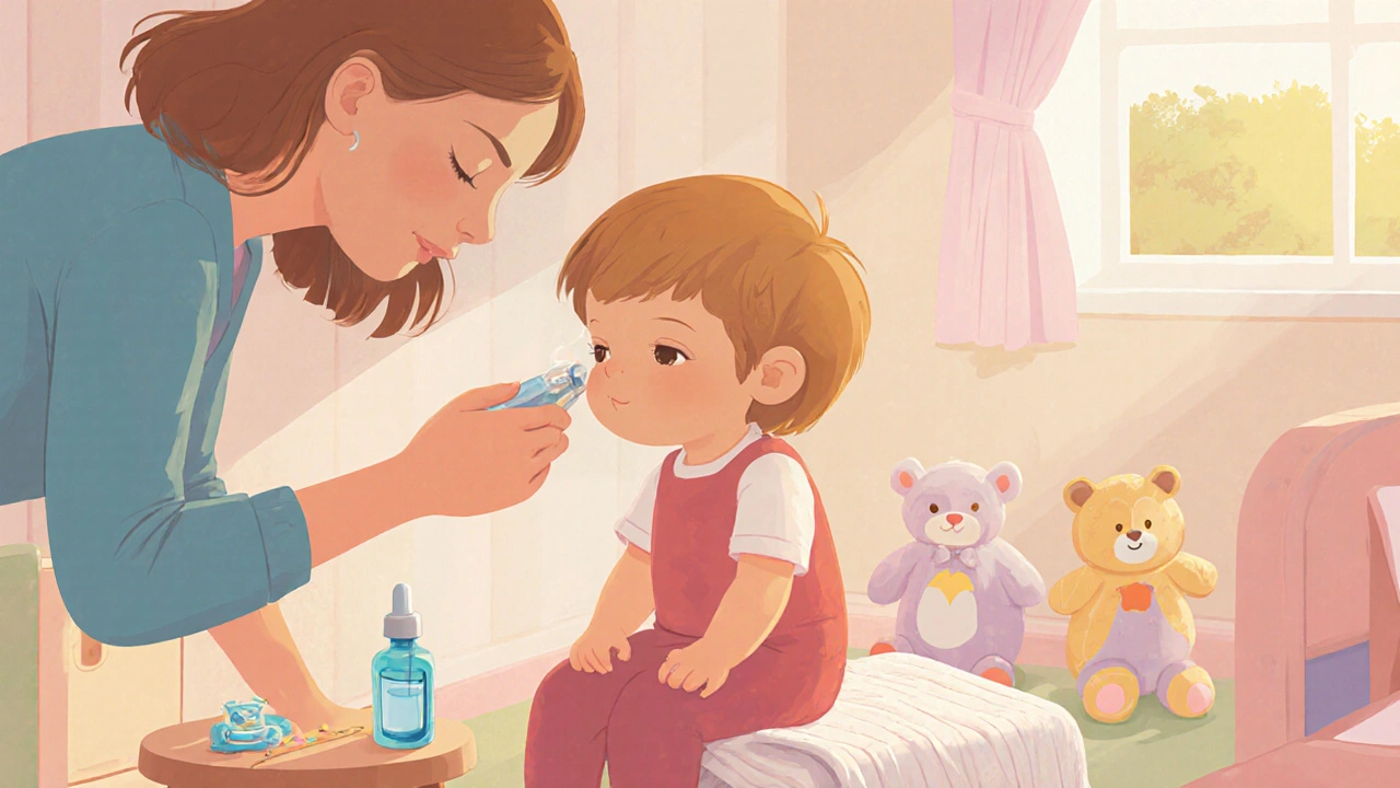 Rodič podává dítěti fyziologický roztok pomocí kapky.