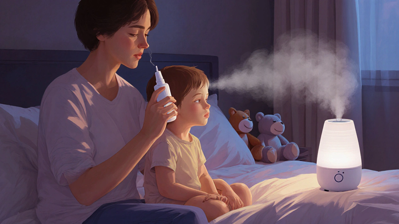 Rodič uklidňuje dítě při použití nosního spreje s fyziologickým roztokem.