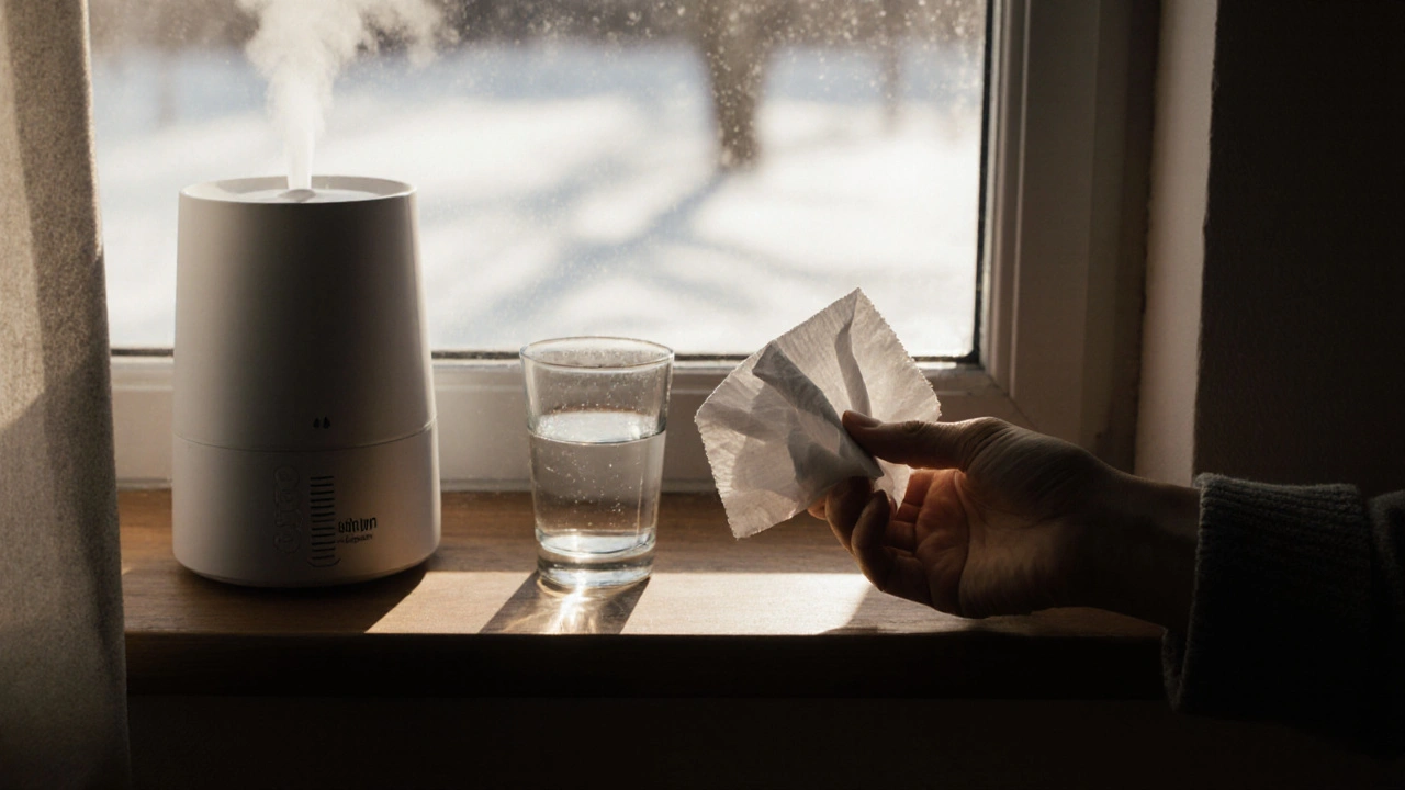 Ruce drží látkový kapesník a solný sprej na okně s vlhčovačem a sněhem venku.