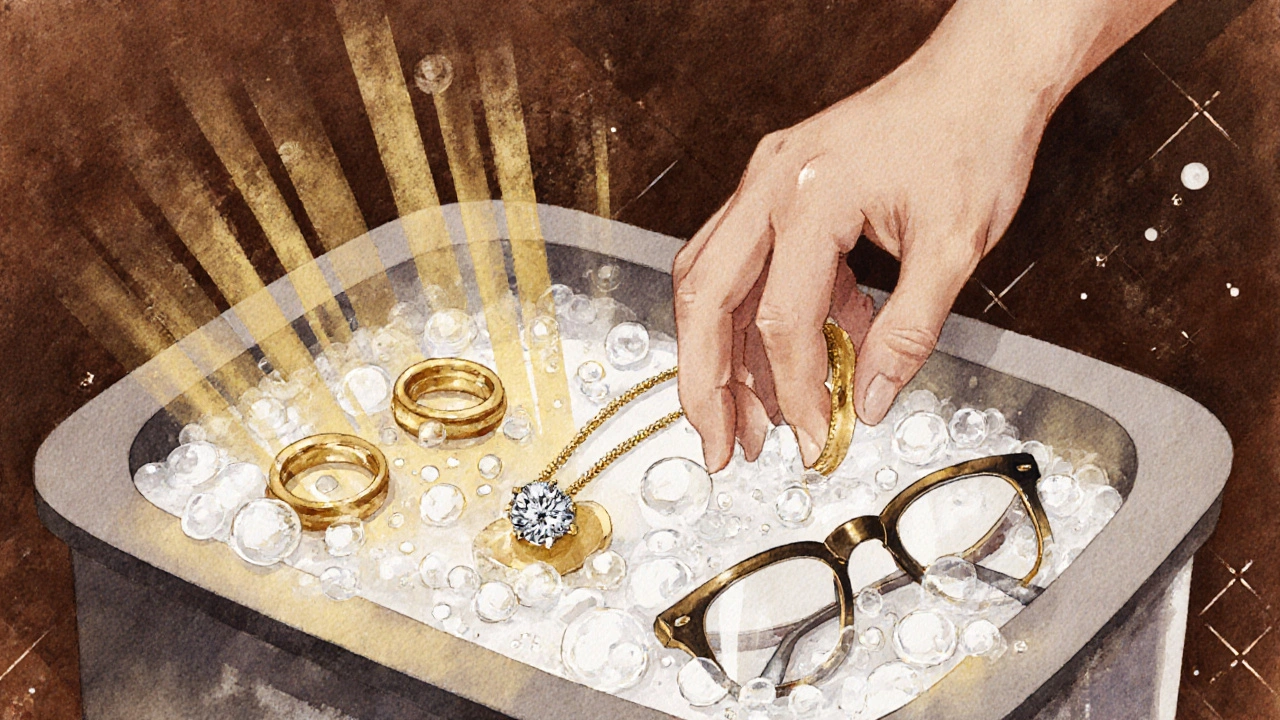 Ruce ukládající šperky a brýle do ultrazvukového čističe s jemnými bublinkami.
