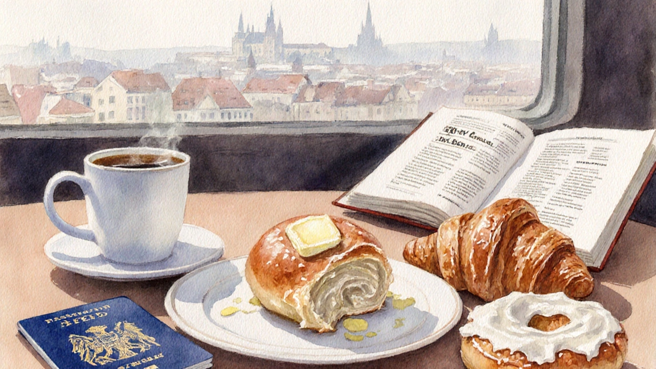 Snídaně cestovatele s rohlíkem, croissantem a bagelem na stole.