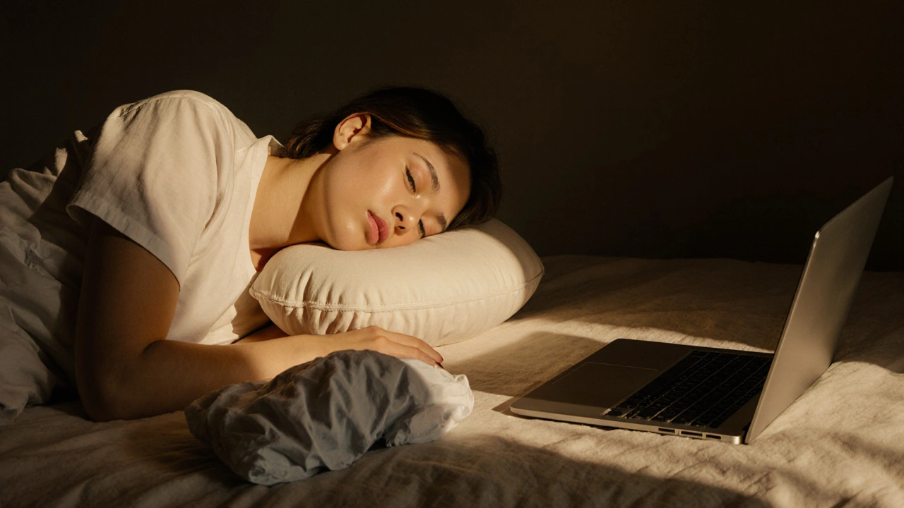 Správný spánek s podporou krku vedle špatných návyků — přečnívající polštář a notebook.