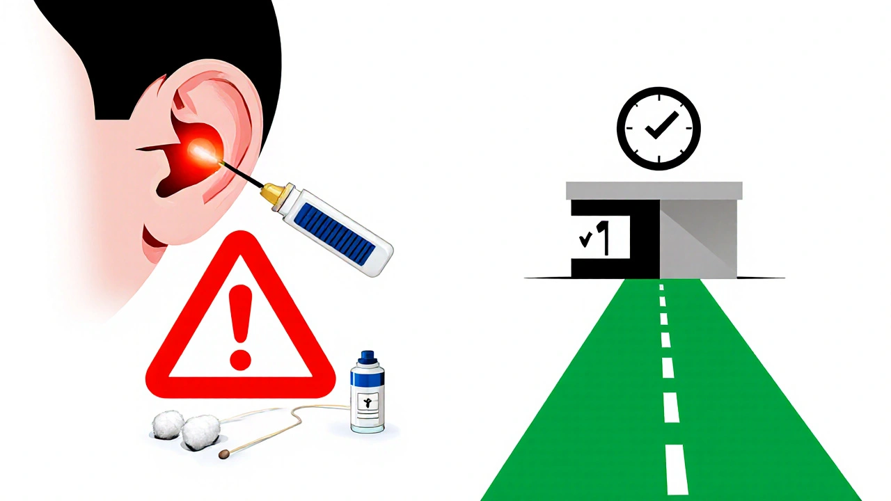 Symbolický obraz nebezpečí použití lepidla na ucho versus bezpečné řešení u lékaře.