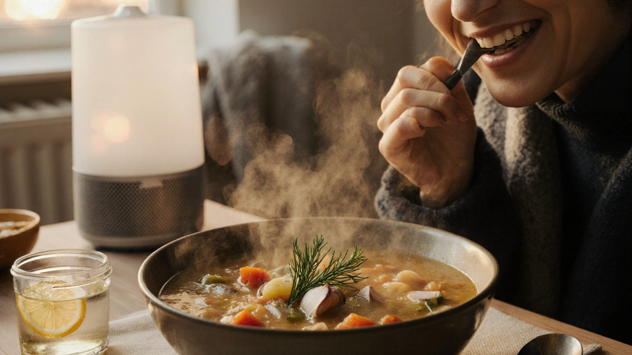 Teplá česká polévka s česnekem a citronová voda s medem na stole.