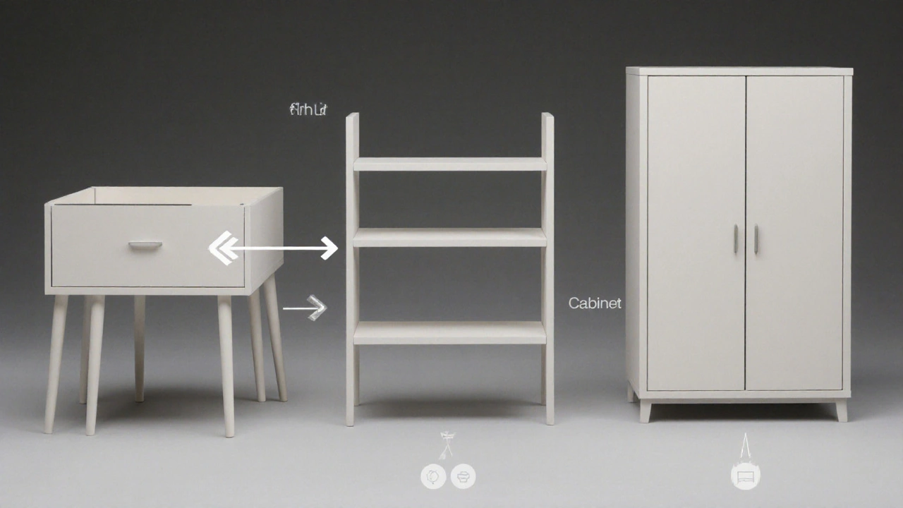 Tři typy nábytku: šuplík, polička a skříň, znázorněné vizuálně bez textu.