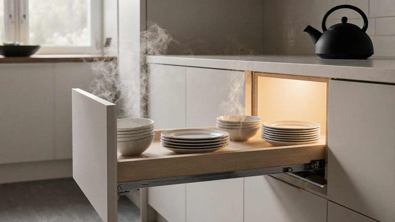Výsuvný šuplík v kuchyni plný talířů a šálků pod teplým světlem.