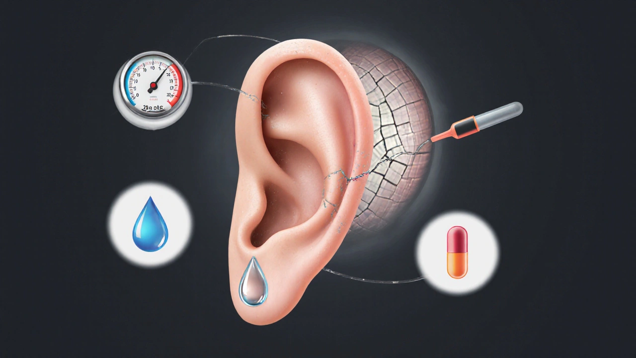 Zhojování prasklého tympanu s kapkou vody a léčebnými symboly.