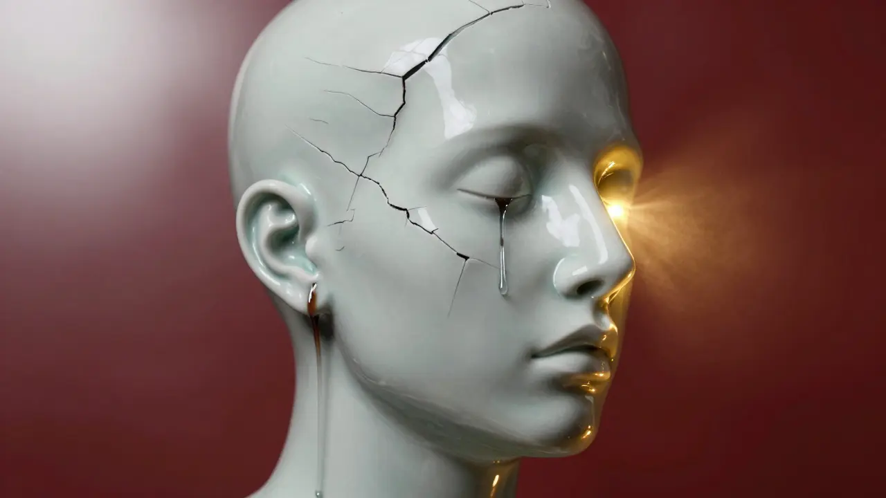 Částečně roztržená tvář s výtokem z ucha, z jedné strany vychází zlaté světlo léčby.