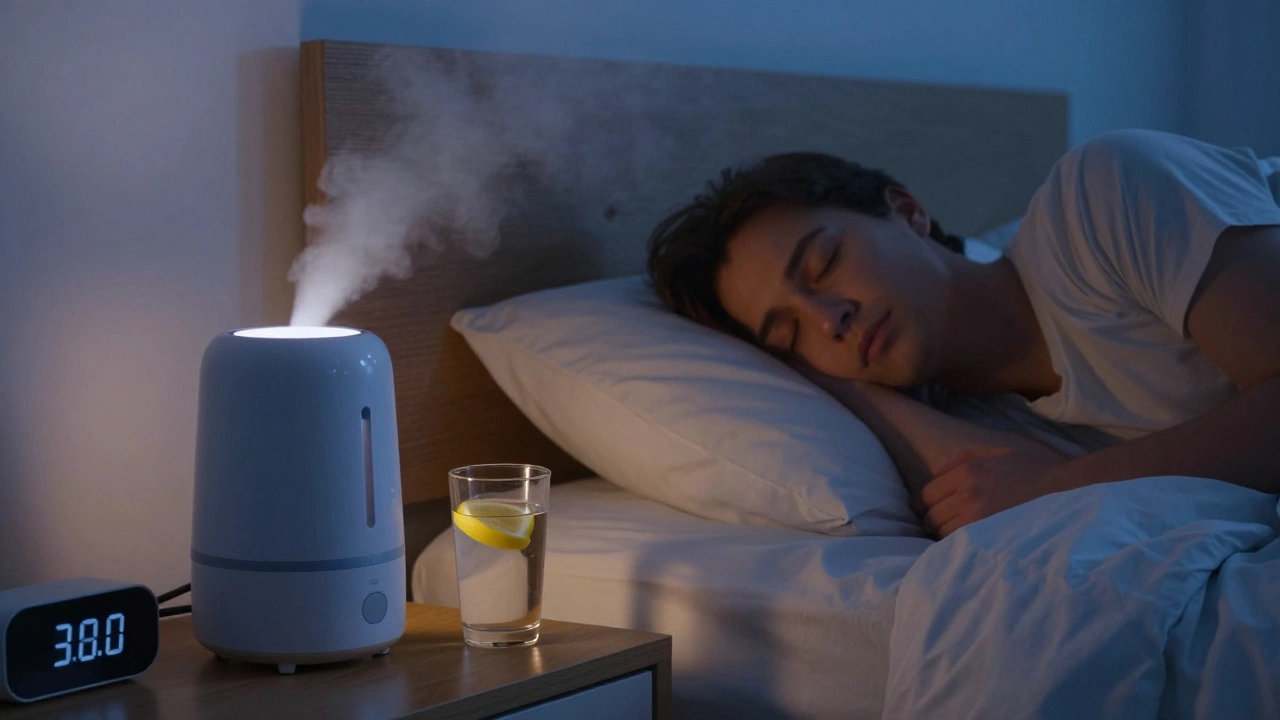 Člověk spí v posteli s vlhčovačem a sklenicí vody s citronem.