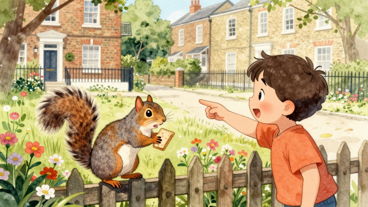 Dítě ukazuje na veverku, která krade sendvič na plotu.