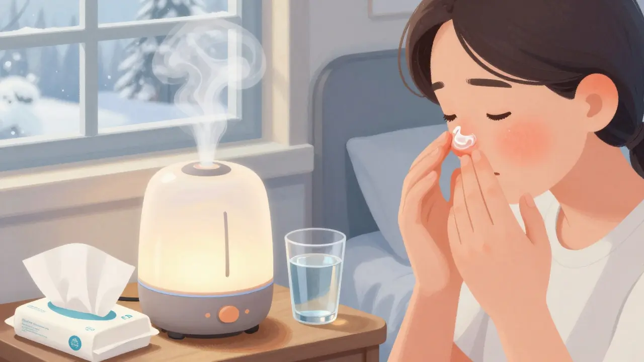 Dospělý nanesoucí vazelín na odřený nos při klidném zimním večeru.