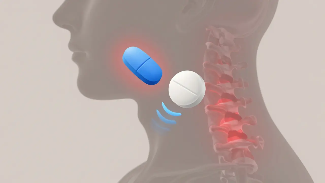 Dvě léčivé tablety nad siluetou krční páteře, jedna s teplem zánětu, druhá s klidným účinkem.