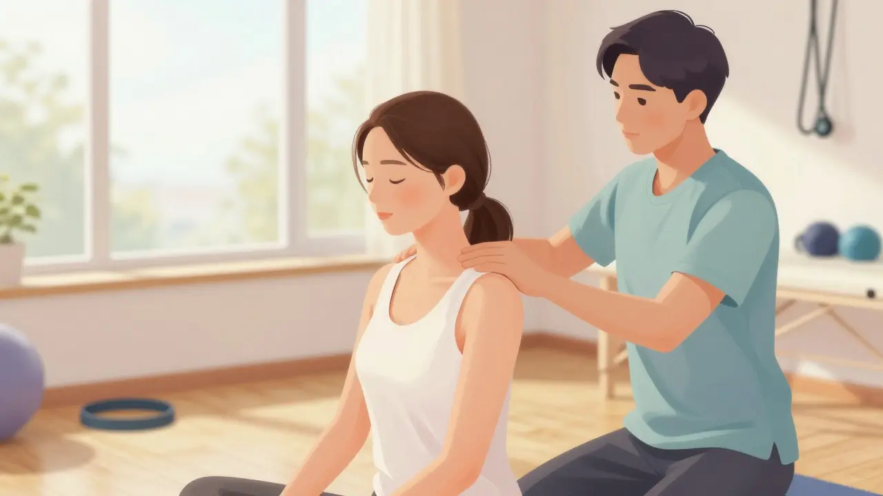 Fyzioterapeut pomáhá pacientovi s cvičeními krku a ramen.