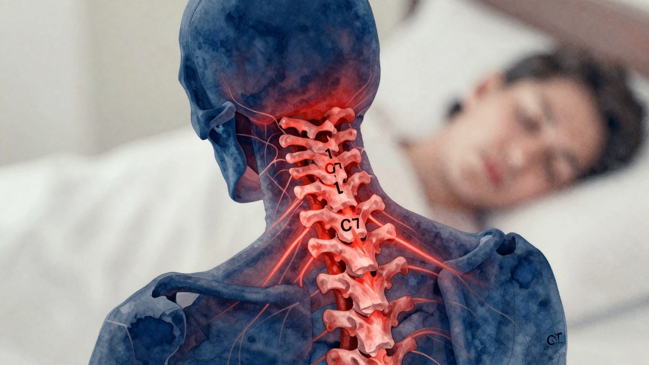 Ilustrace krční páteře s červenými čarami šířícími se bolestí do hlavy, ramen a mezi lopatkami.
