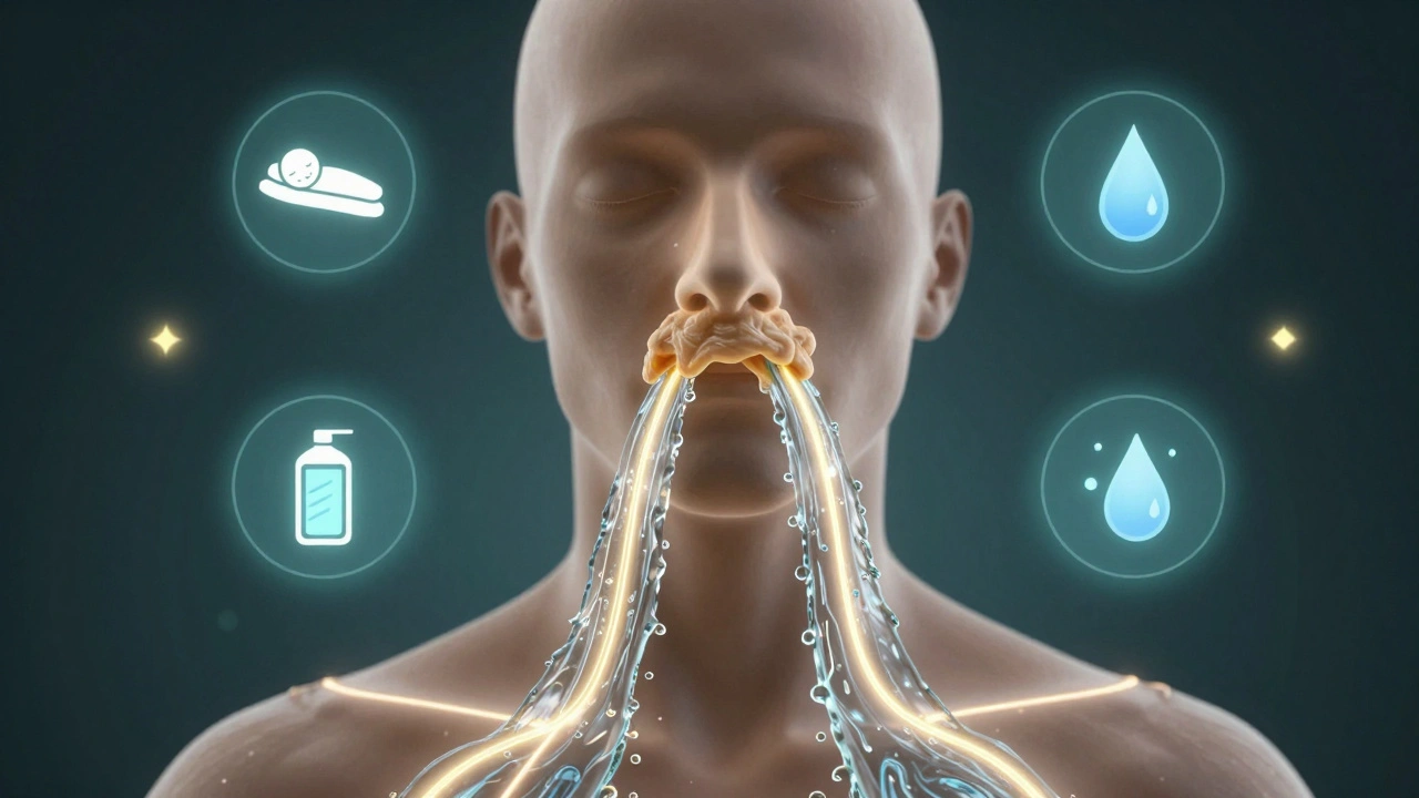 Koncepční obrázek těla s proudy vody čistícími dýchací cesty.