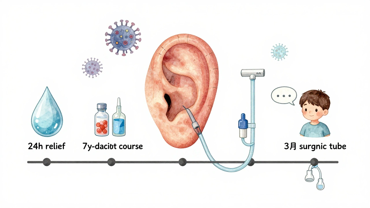 Koncepční obrázek ucha s časovou osou léčby a příznaky zánětu.