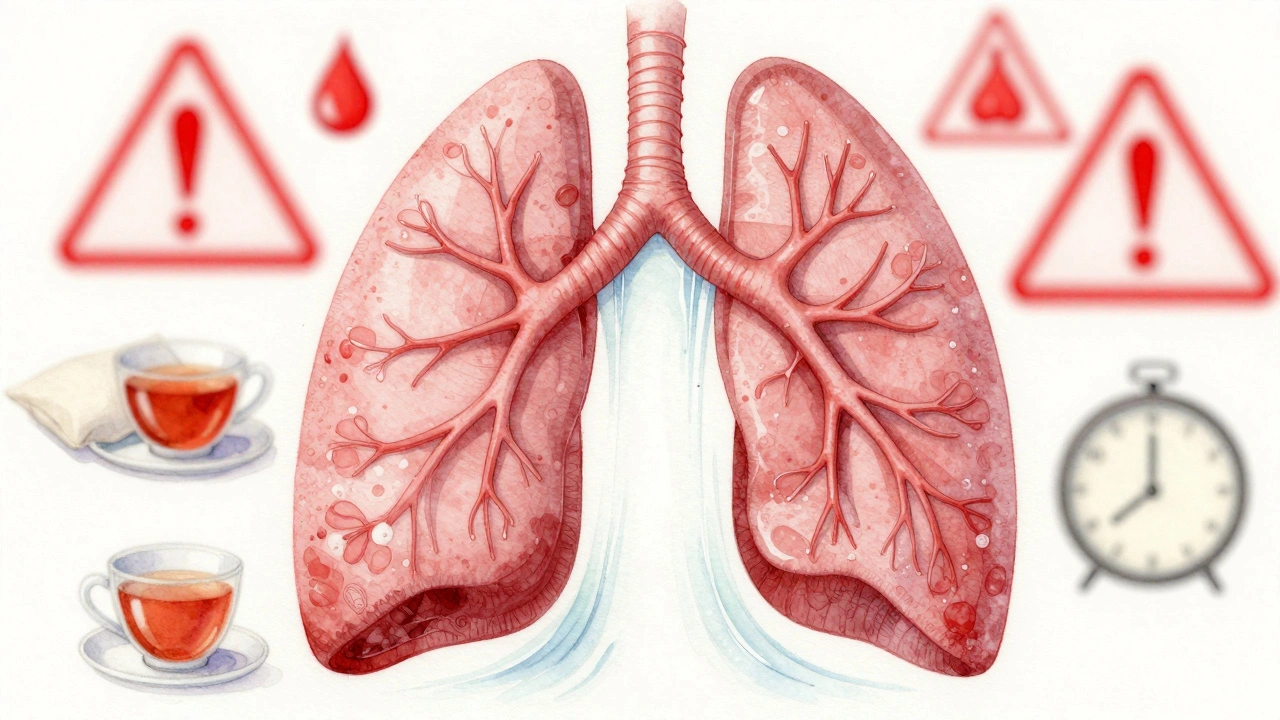 Konceptuální obrázek hojících se dýchacích cest s měkkým proudem hlenu a symboly klidu.