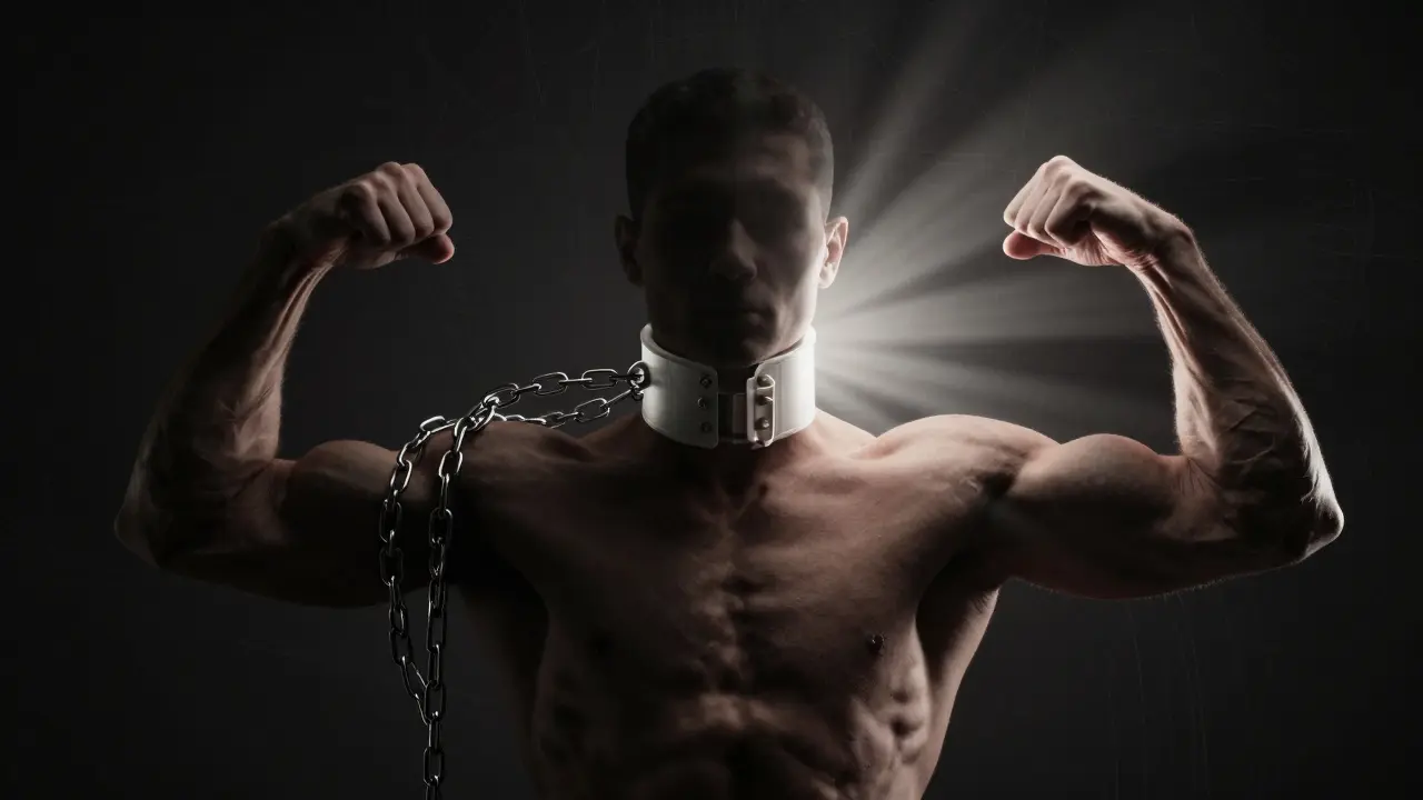 Konceptuální obrázek krku s límcem a svaly jako symbol závislosti a síly