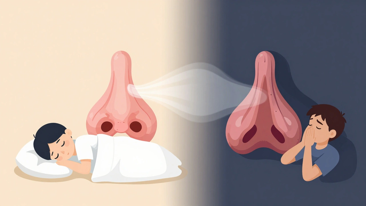 Konceptuální znázornění čistých a ucpaných nosních cest v noci.