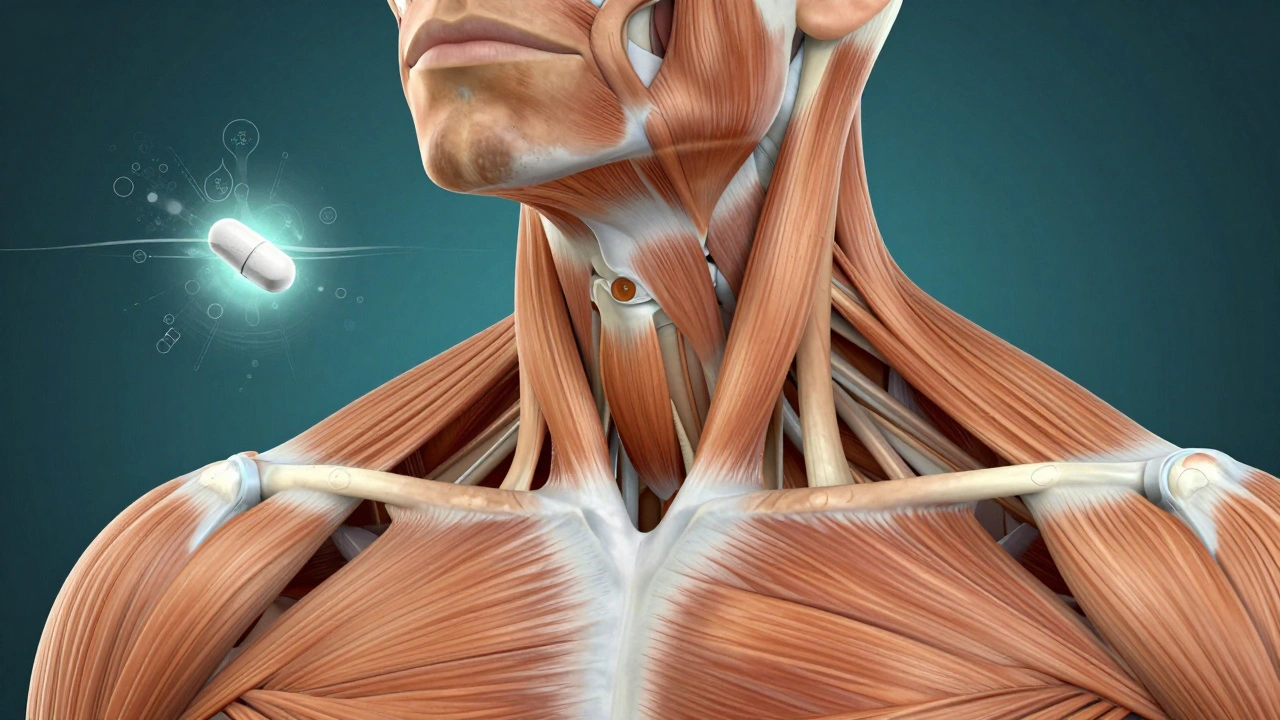 Kresba krčních svalů s napětím a rozpuštěným lékem symbolizujícím účinek proti zánětu.