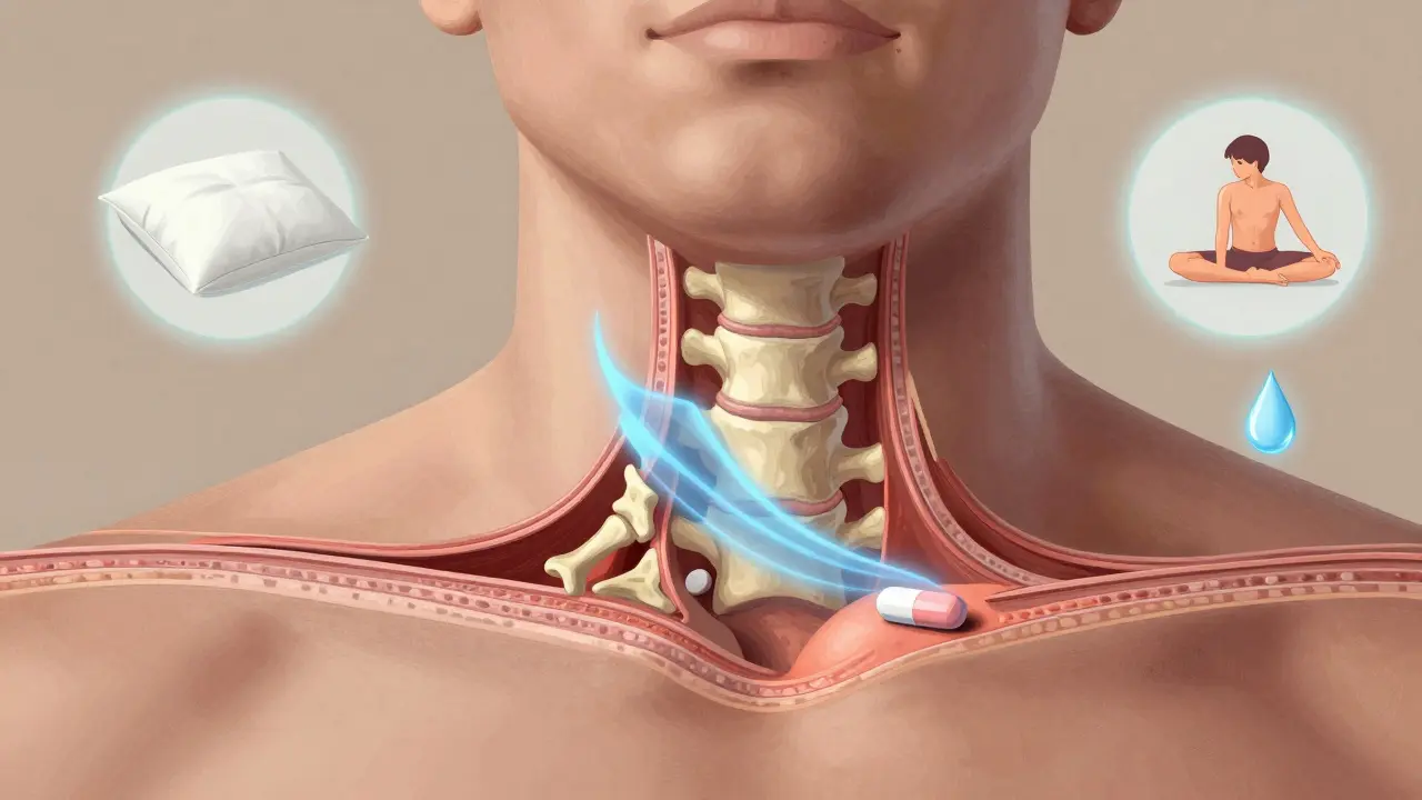 Křížový řez krční páteře s ukázkou zánětu a léčivého účinku pilulky, doprovázený ikonami správného spánku a pohybu.