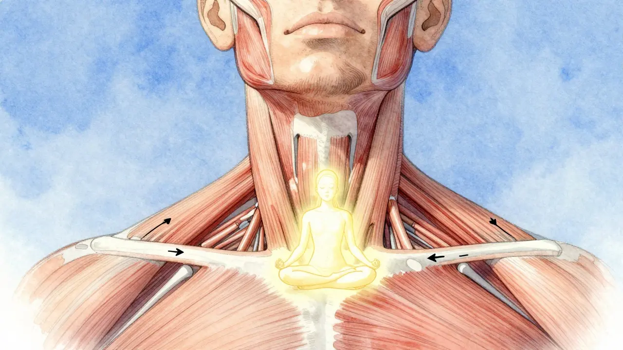 Křížový řez krku s naznačeným napětím svalů a klidnou postavou osoby v centru.