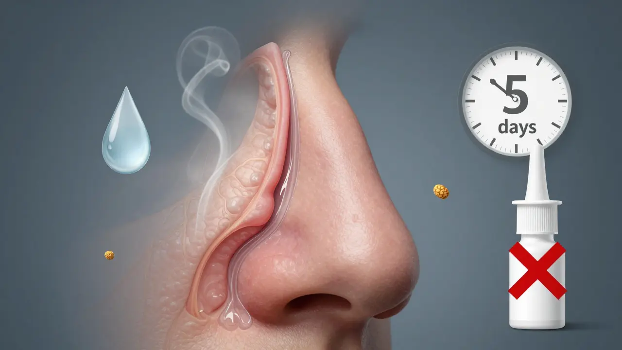 Křížový řez nosu s otevřenými a zablokovanými cestami, symboly soli, páry a alergenu.