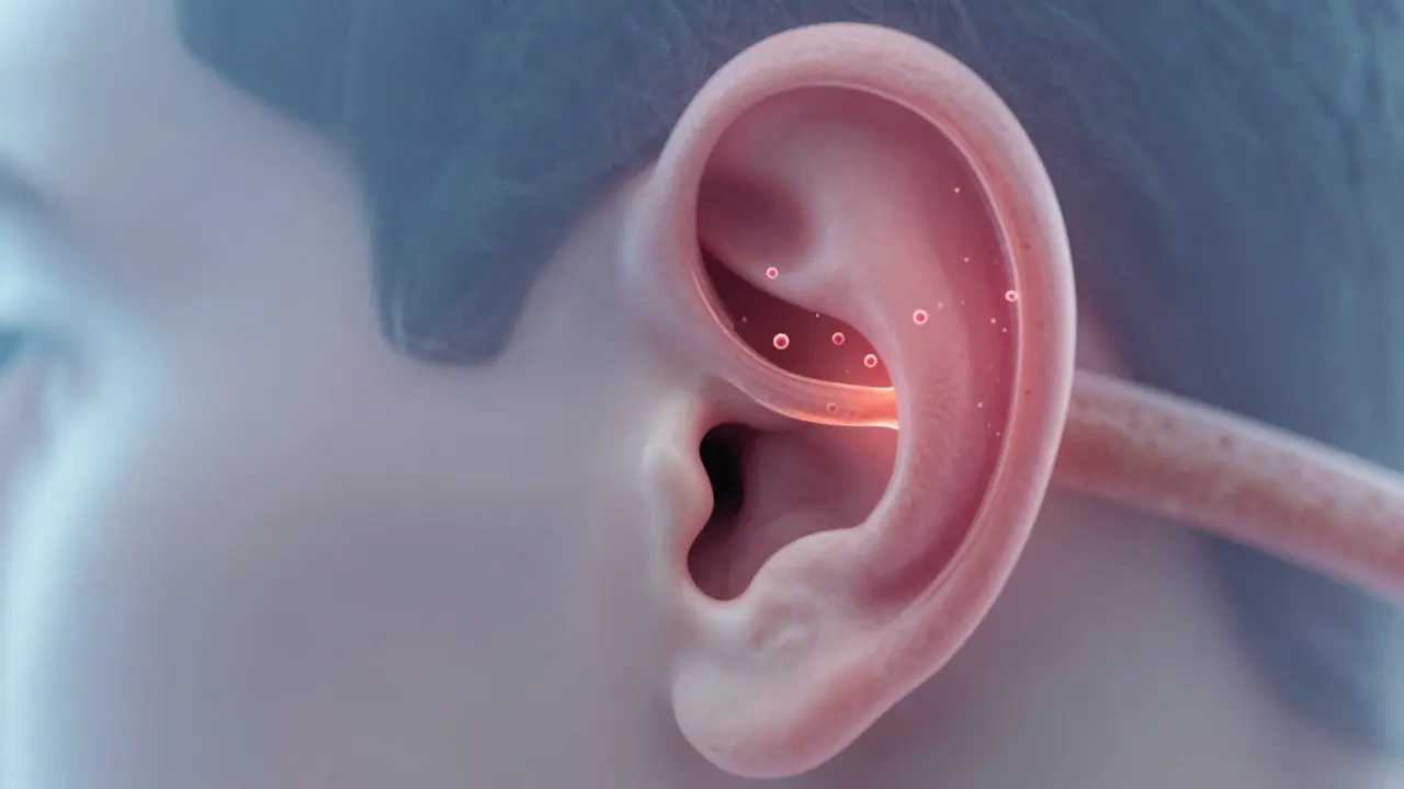 Křížový řez ucha s inflamací a tekutinou za bubínkem a bakteriemi v Eustachiově trubici.