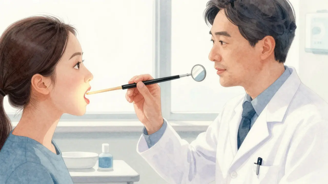 Lékař prohlíží hrtan pomocí zrcadlového laryngoskopu s odrazem vnitřních struktur.