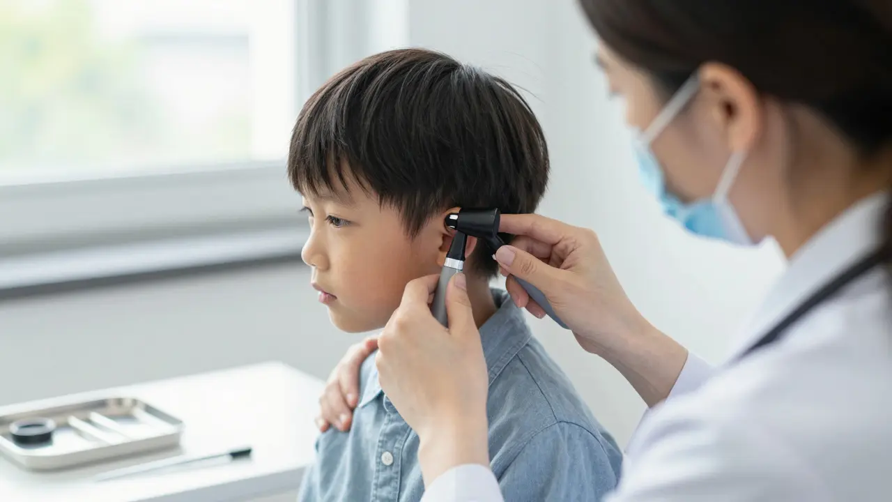 Lékař prohlíží ucho dítěte otoskopem v klidné ordinaci, rodič klidně podrží dítě.