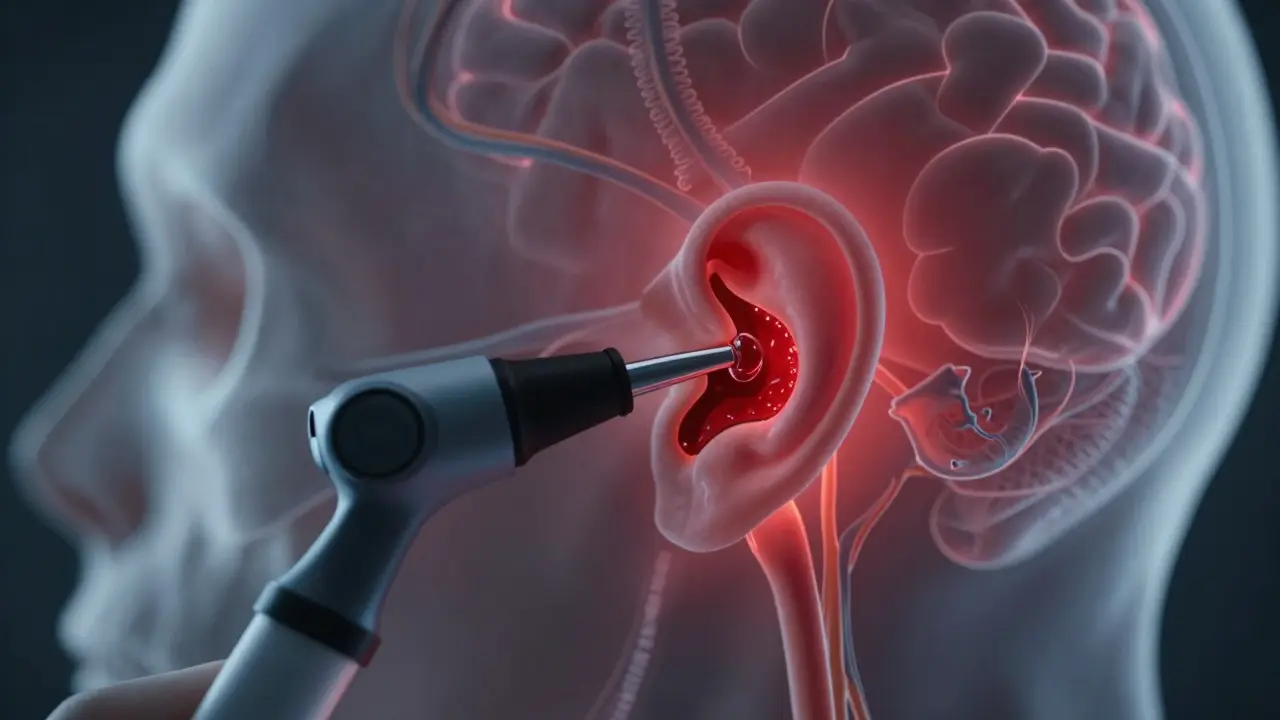 Lékař prohlíží zánětlivé ucho pomocí otoskopu, s viditelným hnisem a okolními strukturami.