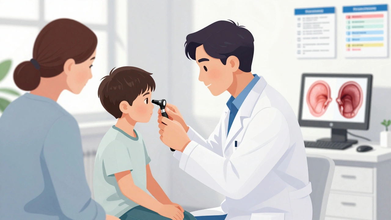 Lékař vyšetřuje dítěti ucho oto-skopem v klinice, rodič ho drží na klíně.