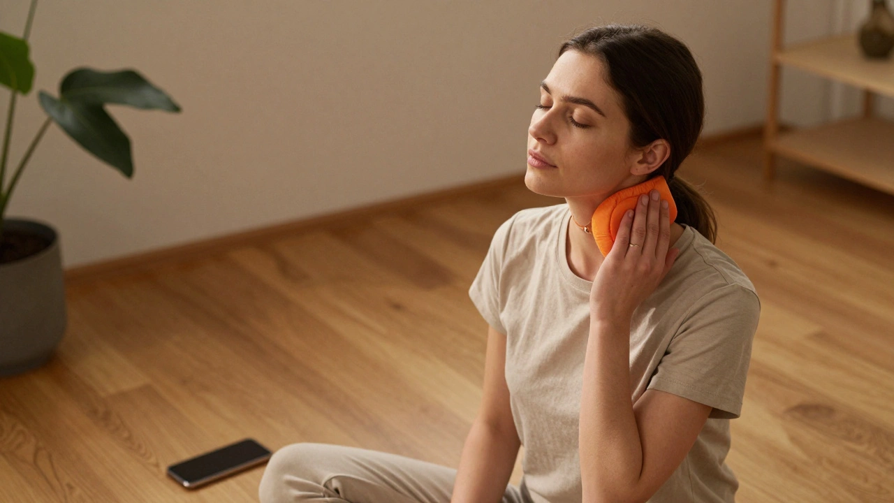 Osoba aplikuje teplý obklad na krk v klidné domácí atmosféře s minimalistickým výzdobou.