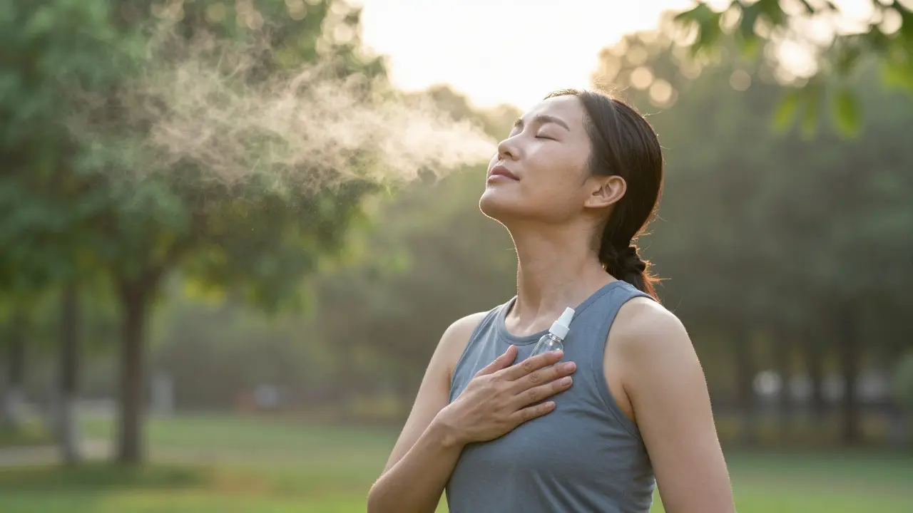 Osoba dýchá hluboce na slunci, drží salinové sprej, kolem ní čerstvý vzduch a příroda.