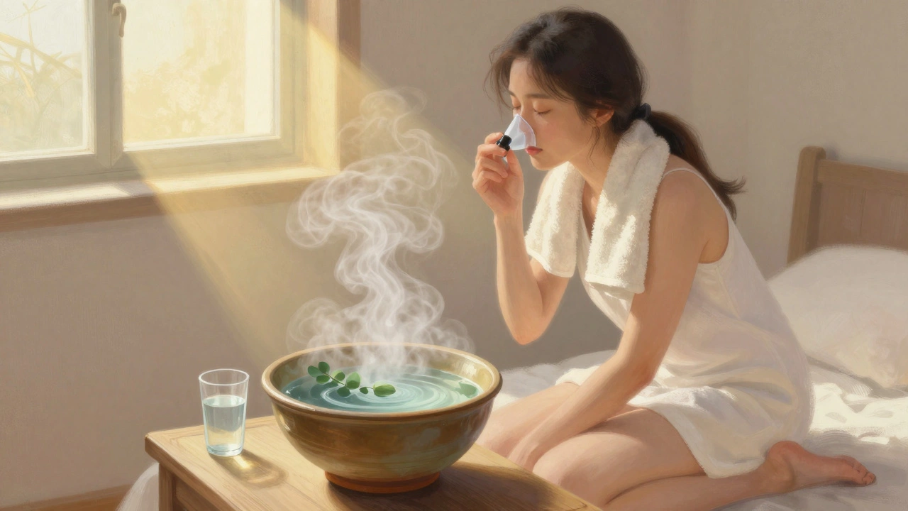 Osoba dýchá parou z mísy s teplou solnou vodou a eukalyptovým olejem před spaním.
