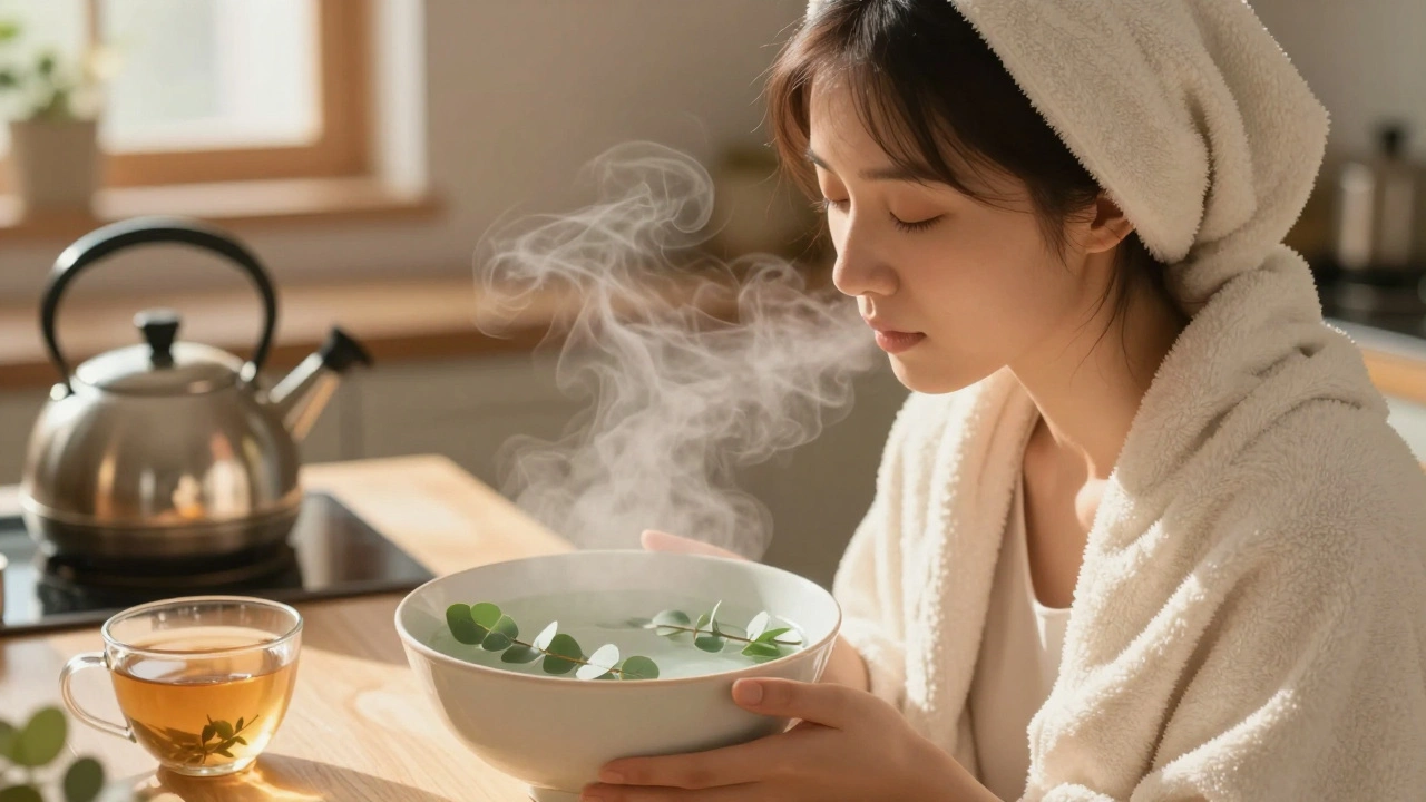 Osoba inhaluje páru z misky s eukalyptovými listy.