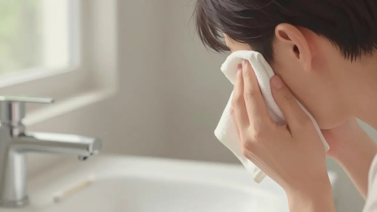 Osoba jemně čistí pouze vnější část ucha mokrým ručníkem.