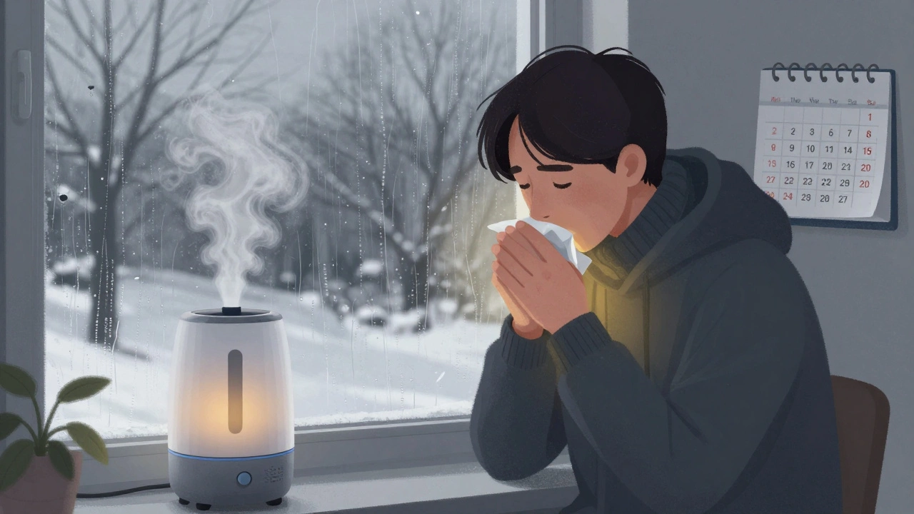 Osoba kašle u okna v zimě, za ní humidifikátor a kalendář s přeškrtnutými dny.