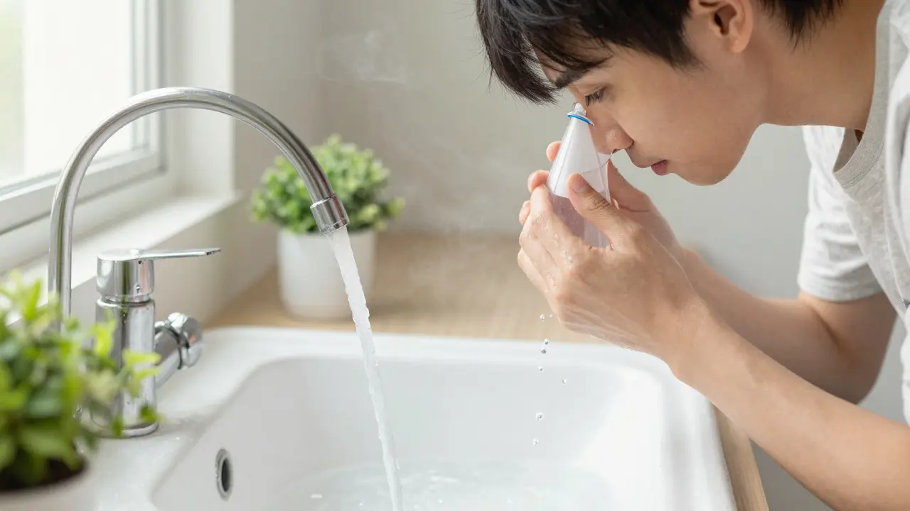 Osoba používá neti pot na umývání nosu nad umyvadlem, teplá voda teče z nádoby.