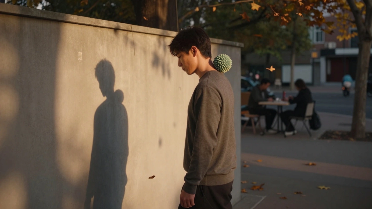 Osoba prochází parkem ve večerním světle, uvolňuje krk o opření o kouli na zdi.