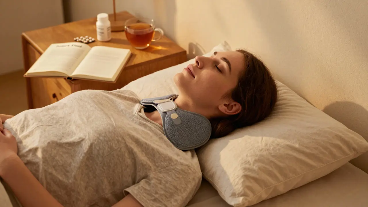 Osoba si klade teplou podložku na krk a jemně protahuje hlavu v klidném prostředí.