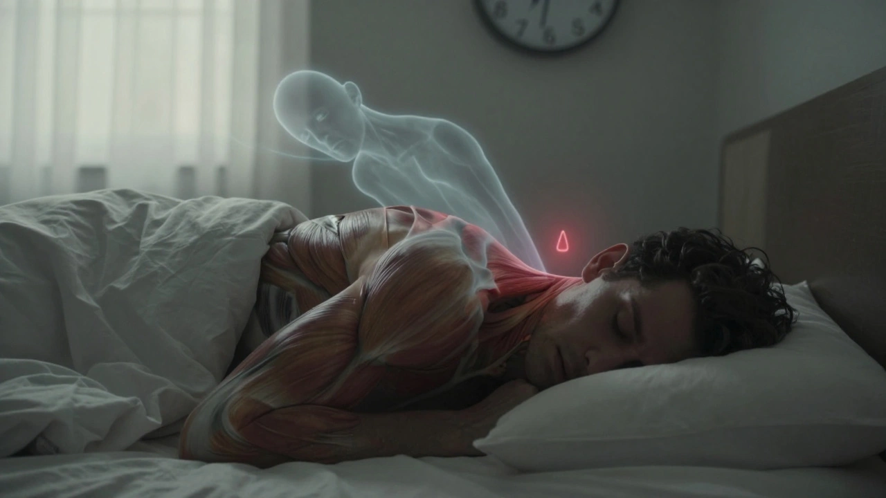 Osoba spí na břiše s nesprávně otočenou hlavou, nad tělem se objevují znaky napětí v krku.