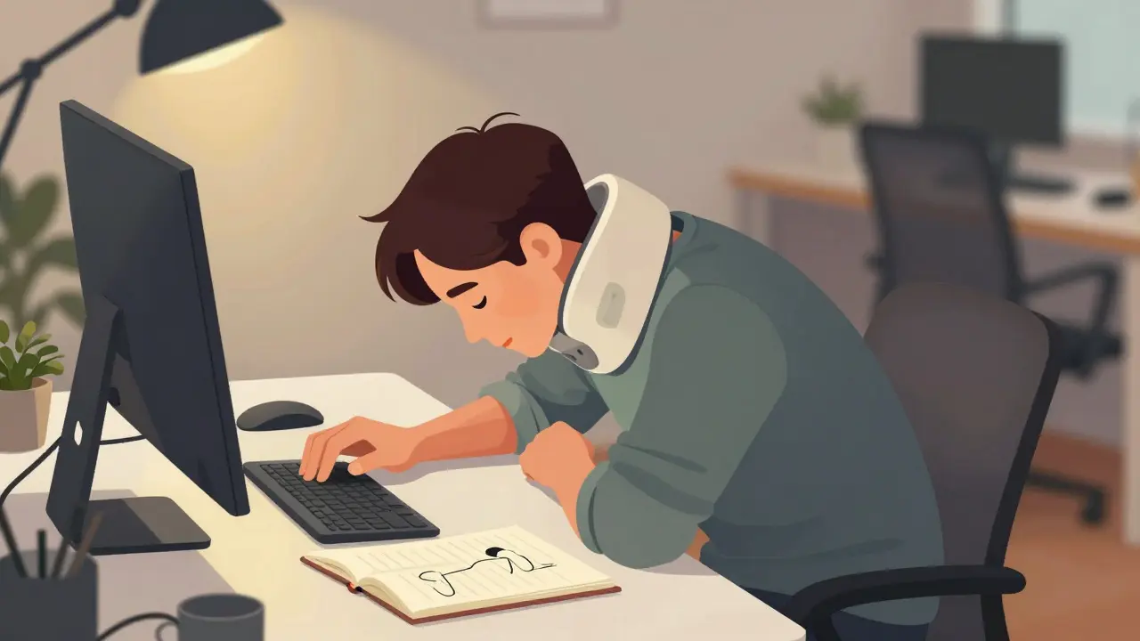 Osoba u počítače s měkkým límcem a cvičeními na stole