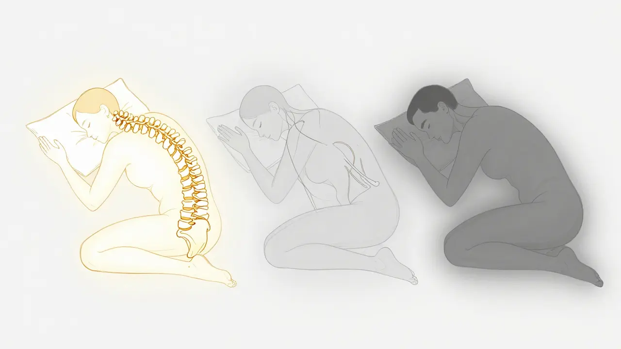 Porovnání tří poloh při spánku: levý bok je výhodný, břicho a záda způsobují napětí.